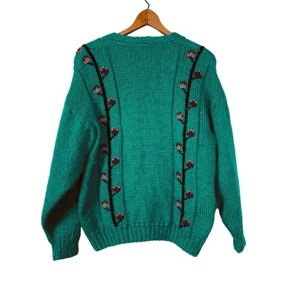 Vintage Handknit Fuzzy Cherry Blossom Cardigan, Vibrant Teal Green Sweater - Picture 3 of 5